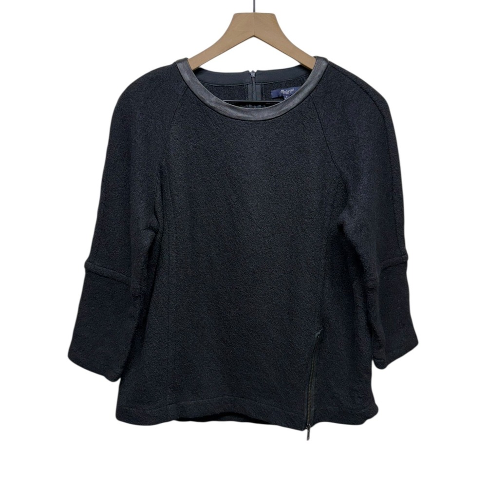 Madewell Sweater Women Sz L Black Wool Leather Trim Zipper Pullover 3/4‎ Sleeve